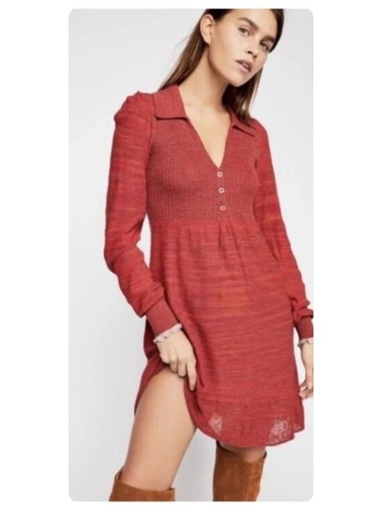 Free People Dresses & Skirts - Free People Rain or Shine Knit Long Sleeve Collared Sweater Style Dress sz S